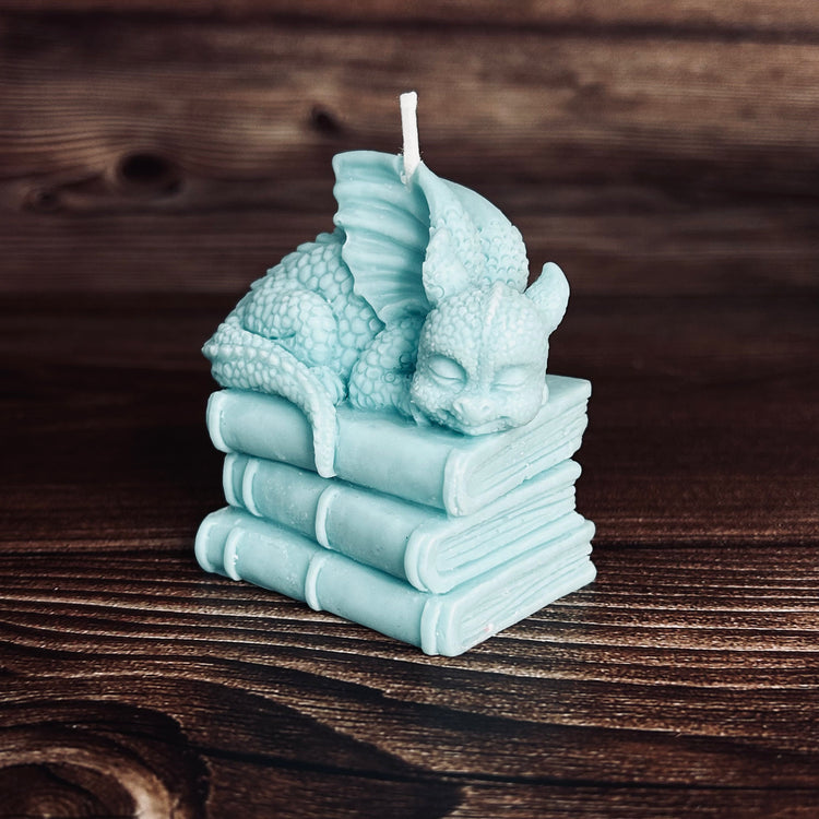 Dragon and books pillar candle turquoise