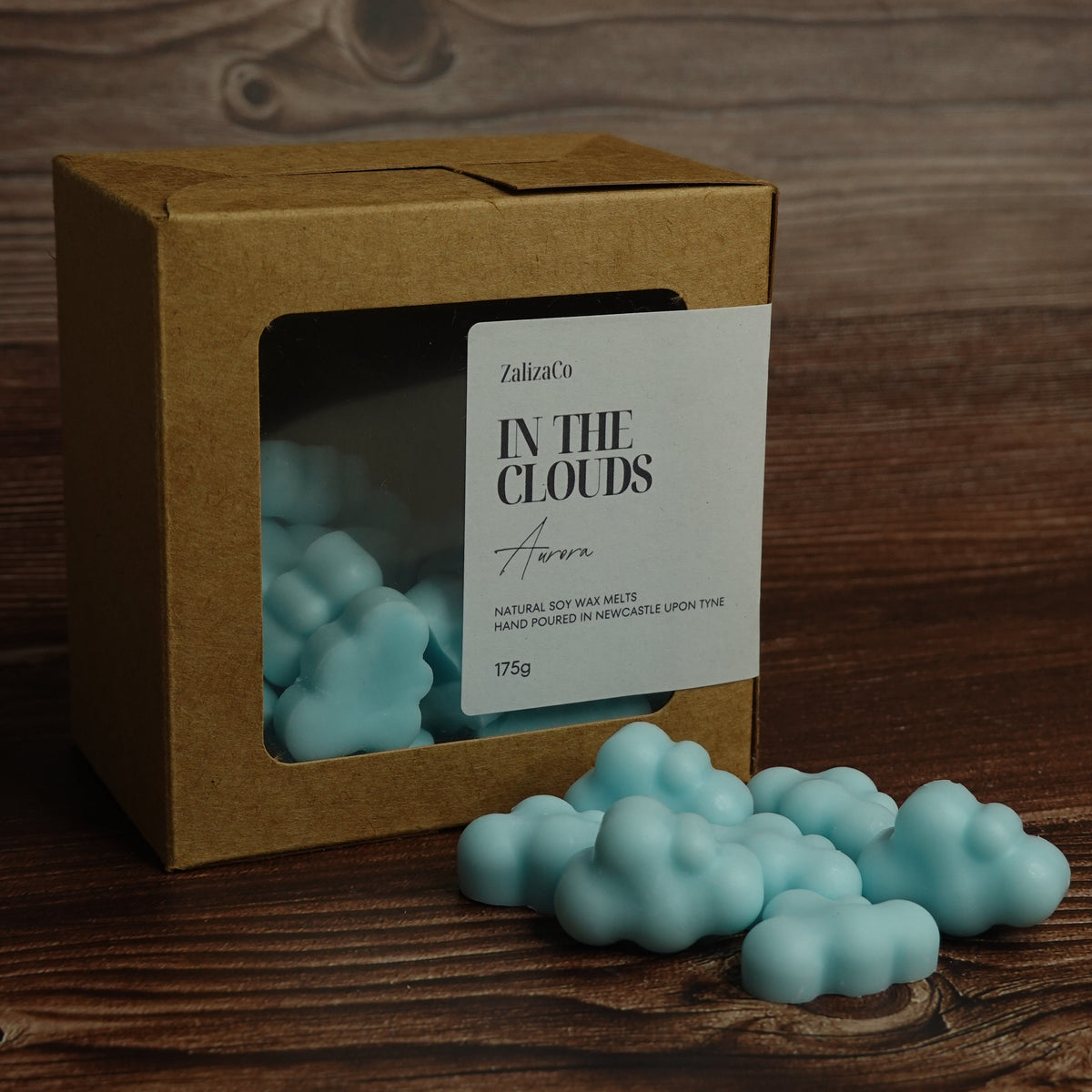 In the Clouds wax melt box light blue cloud shapes