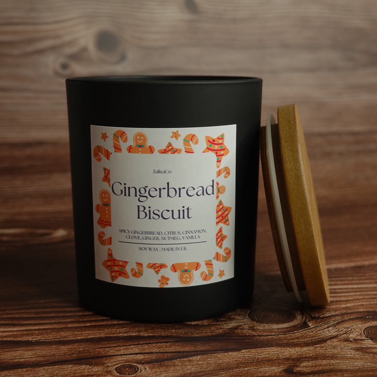 Reusable matte black candle jar wooden lid gingerbread scent