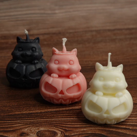 Cat pumpkin pillar candle pink black white