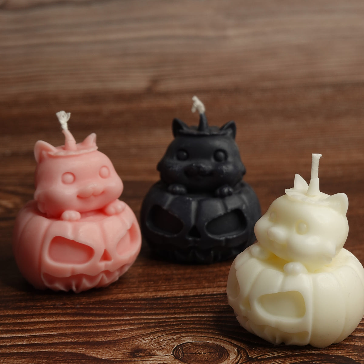 Cat pumpkin pillar candle pink black white