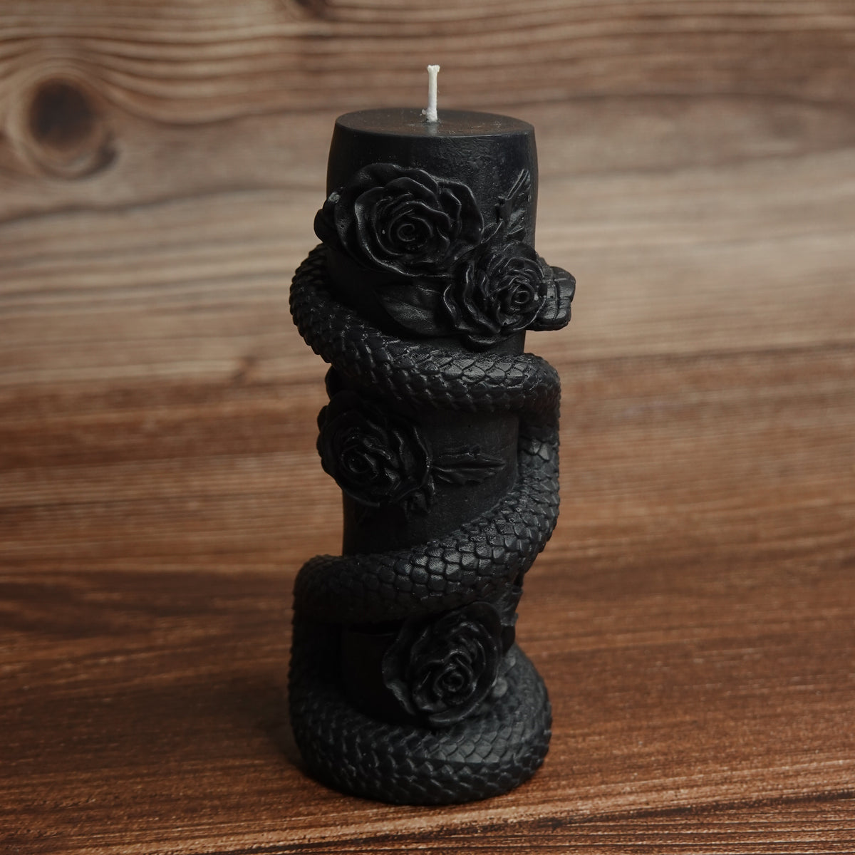 Gothic snake flower pillar candle onyx black