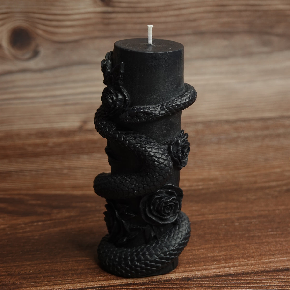 Gothic snake flower pillar candle onyx black