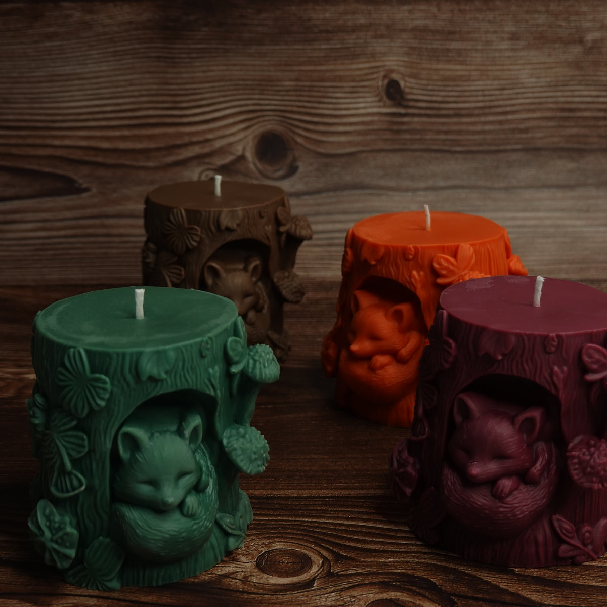 Forest green fox candle woodland decor