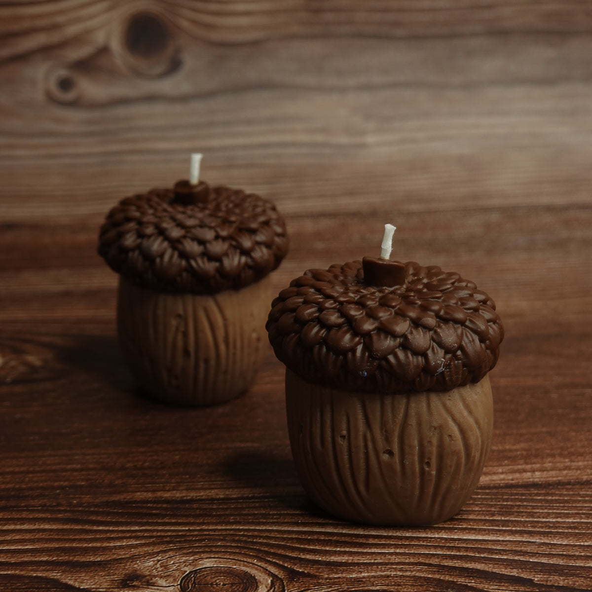 Handmade soy wax acorn candle shelf styling