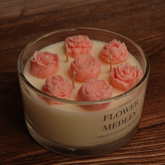 Flower Medley candle 3 wick pink flower toppers
