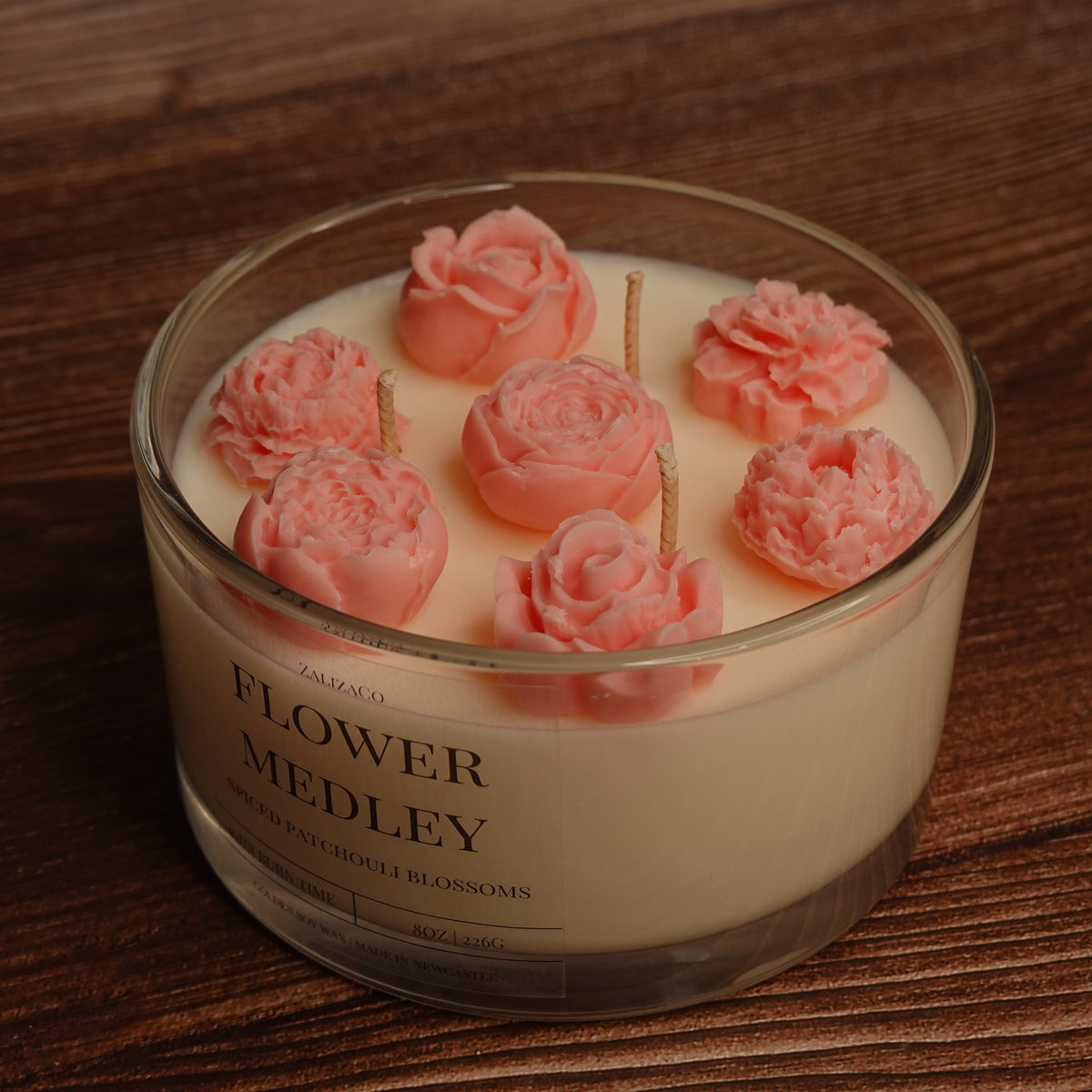 Flower Medley candle 3 wick pink flower toppers