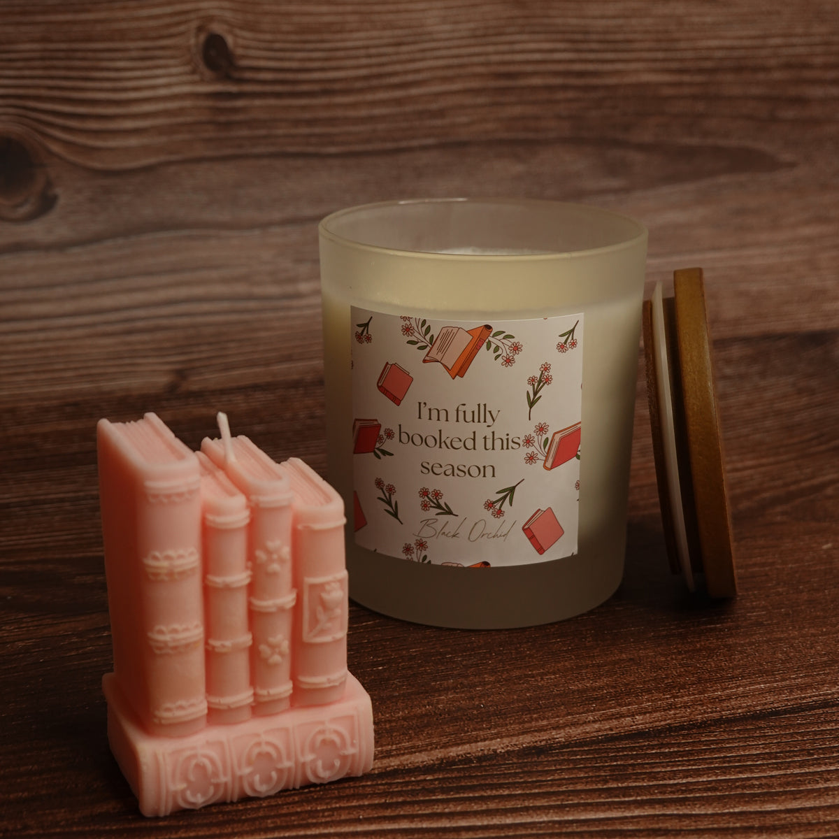 Book stack pillar candle turquoise purple