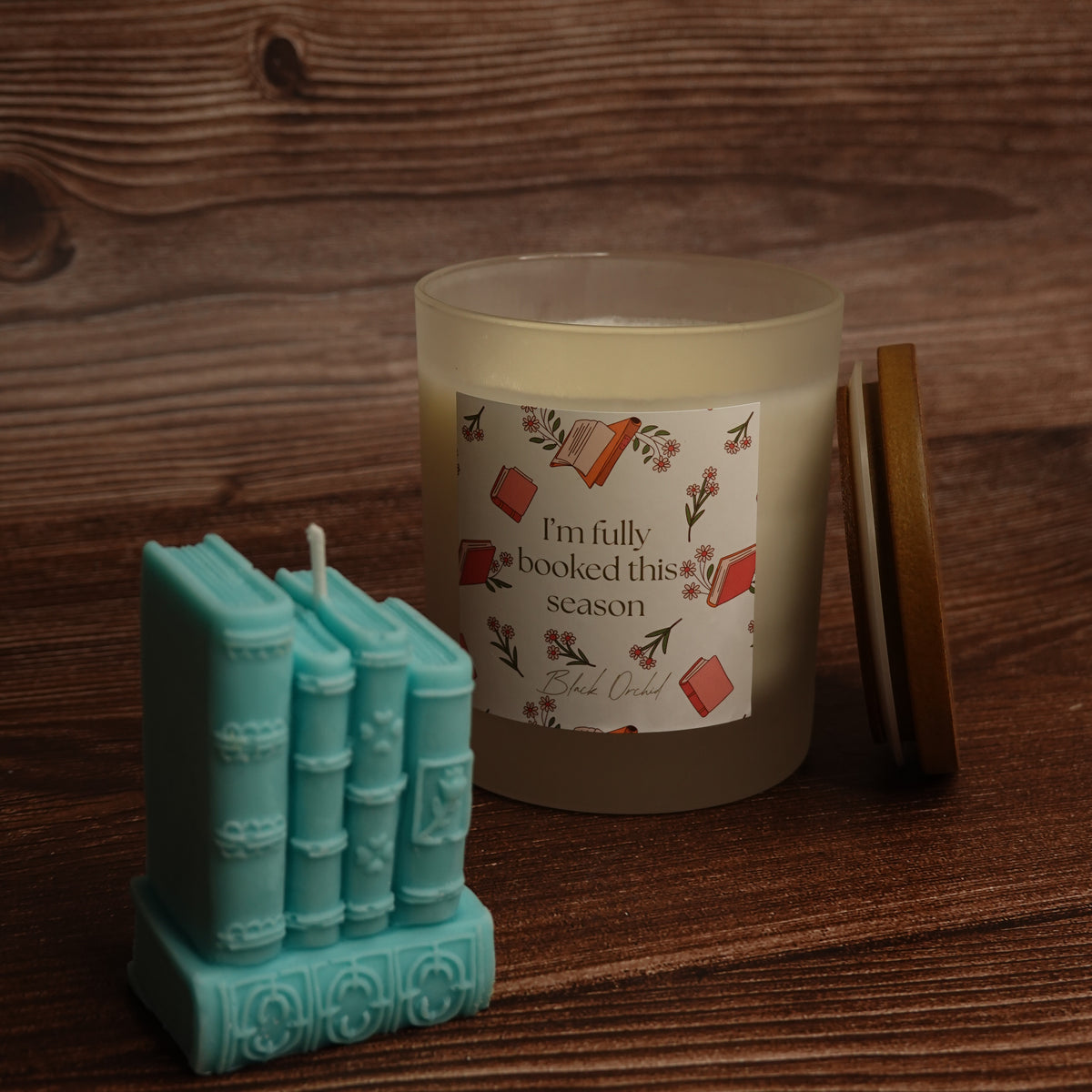 Book stack pillar candle turquoise purple