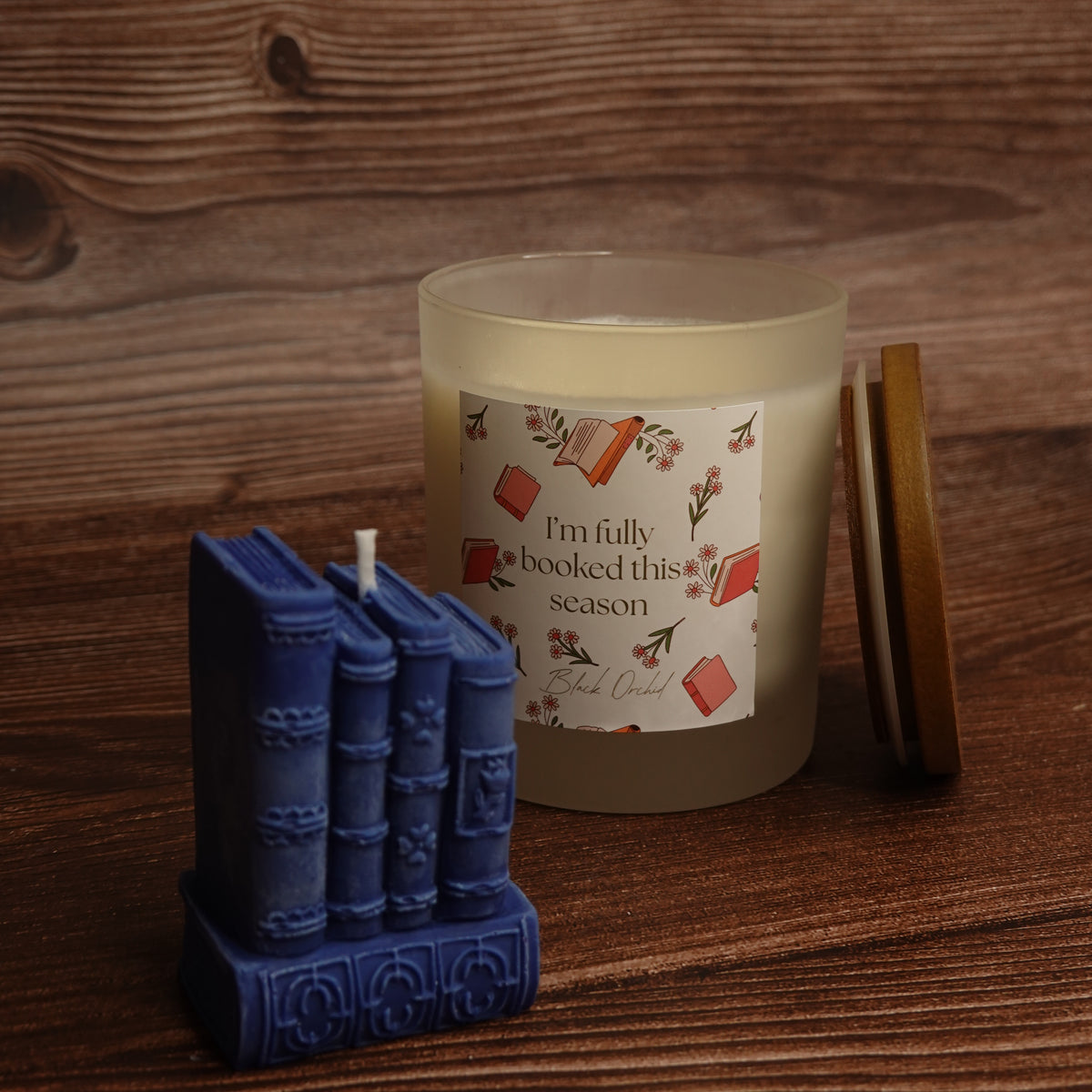 Book stack pillar candle turquoise purple