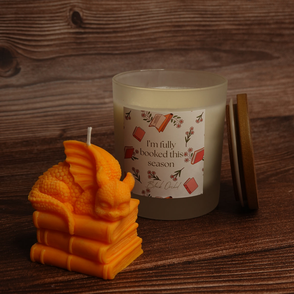 Dragon on books pillar candle turquoise purple