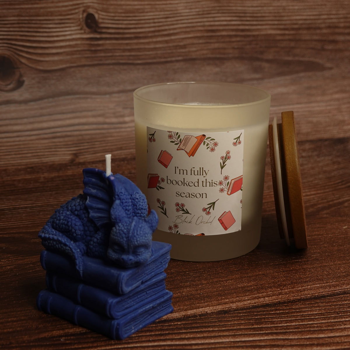 Dragon on books pillar candle turquoise purple