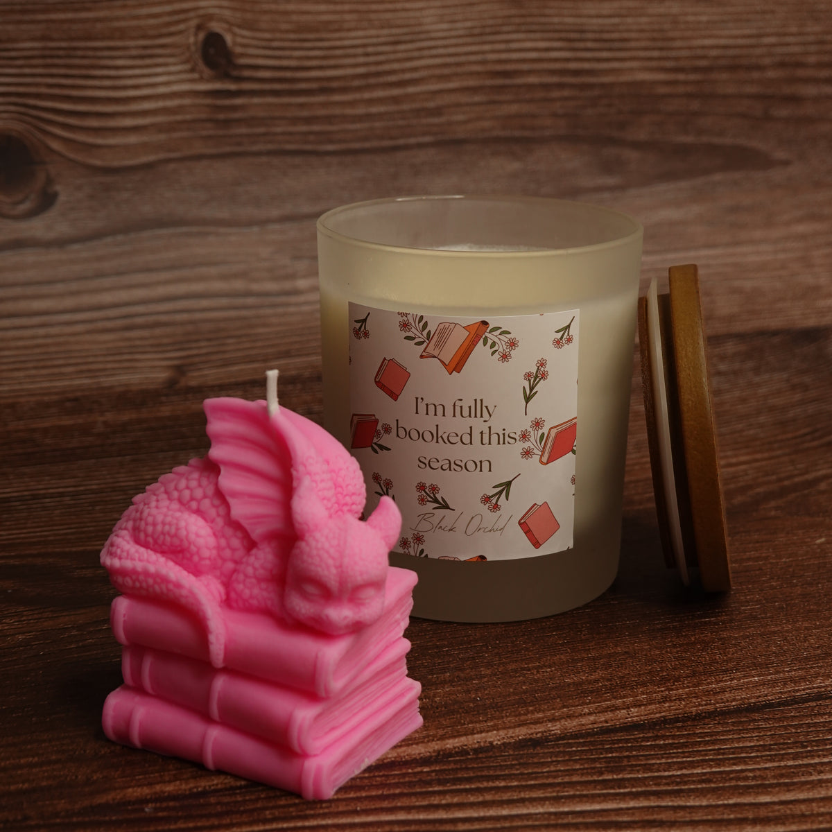 Dragon on books pillar candle turquoise purple