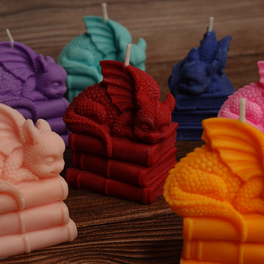 Bookish dragon pillar candle shelf decor