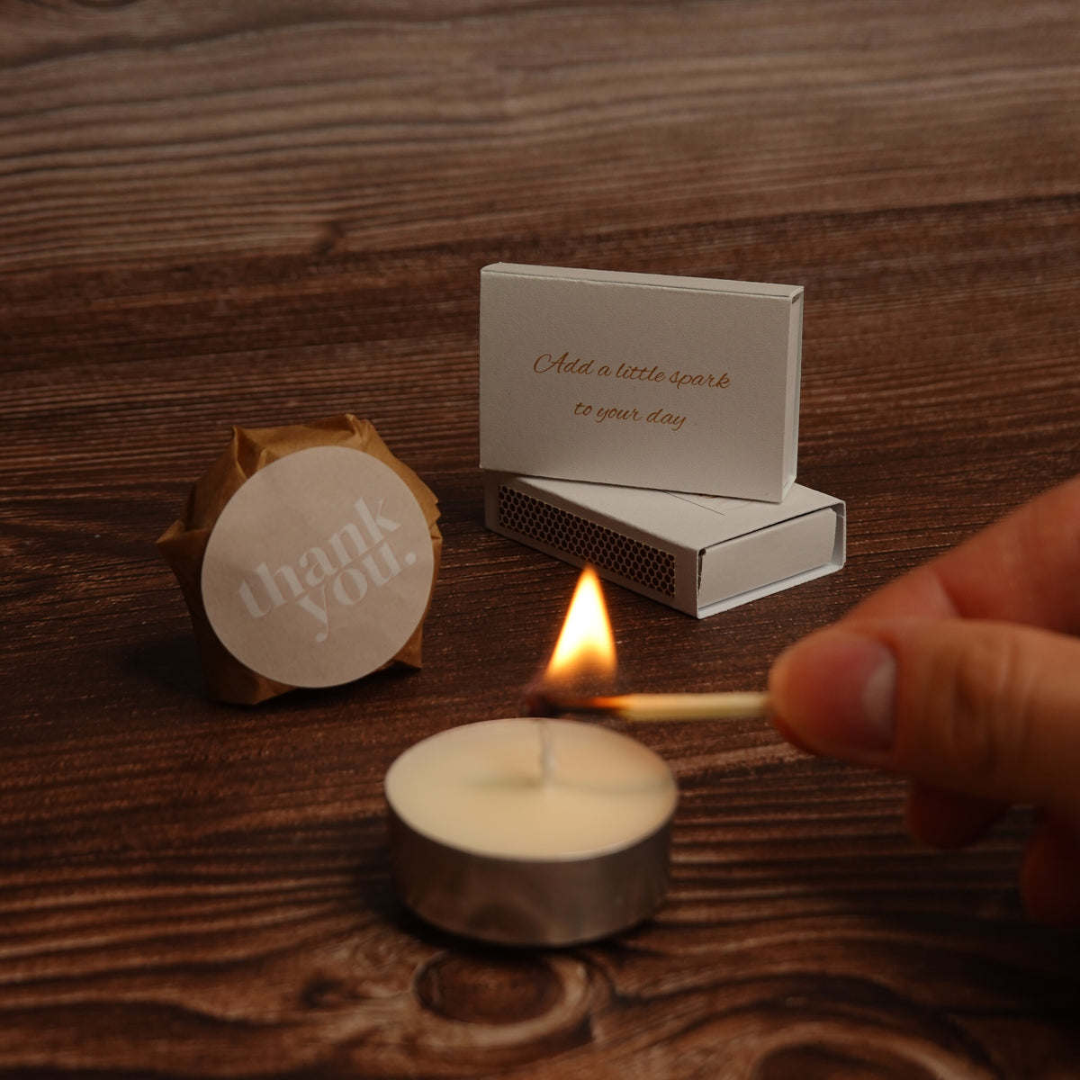 Personalised match box and tea light sample
