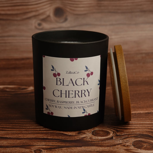 Black cherry soy candle matte black jar wooden lid